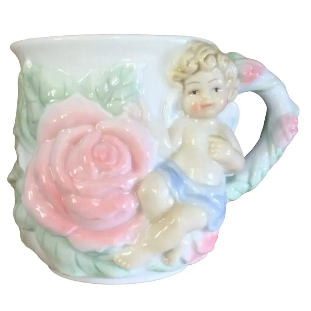Avon Collectible Angel Rose Tea Cup Mug Cherub Embossed Pink Porcelain Floral